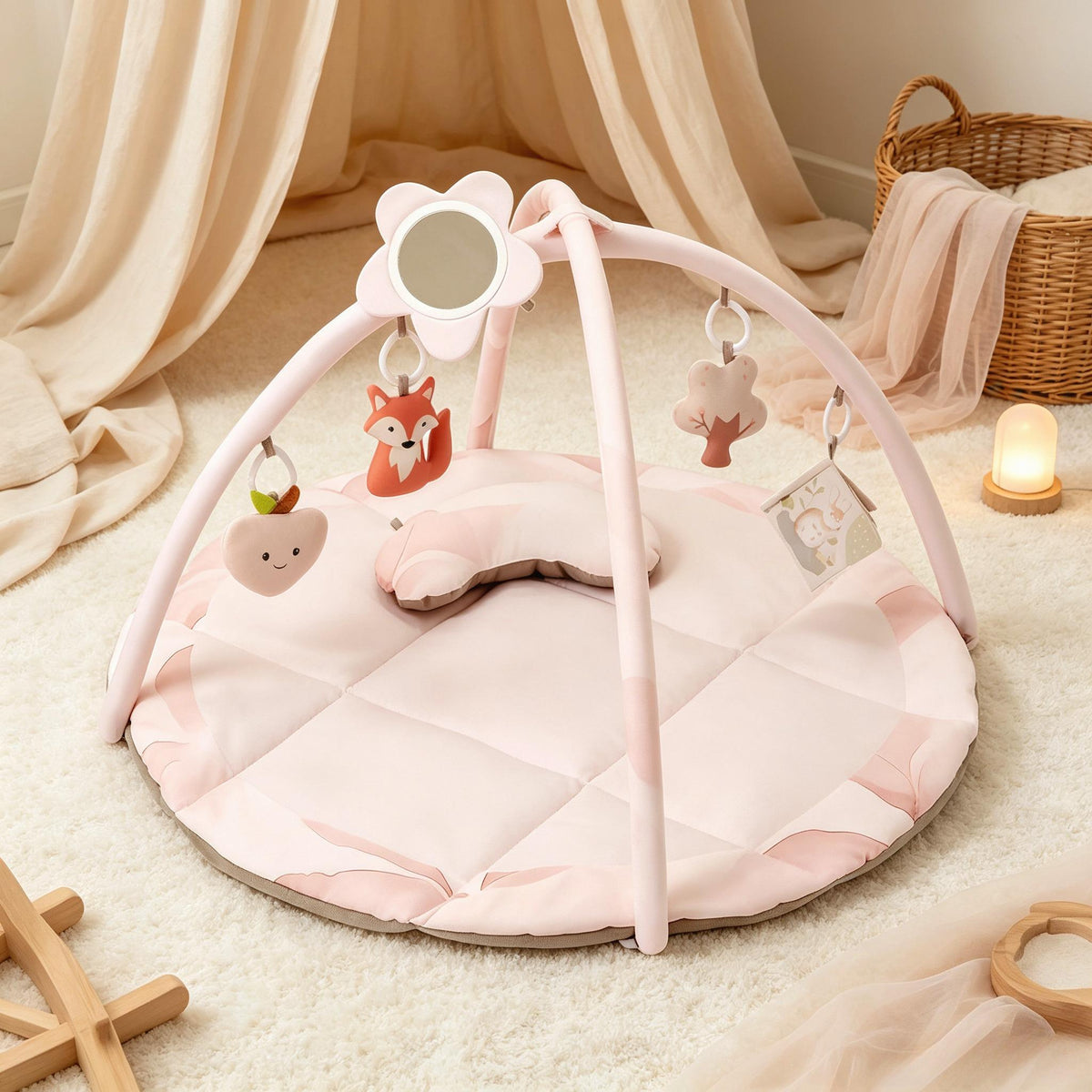 Baby Mat, Tummy Time Activity Play Mat with 5 Detachable Hanging Sensory Toys & Ergonomic Support Pillow, Foldable Machine Washable Infant Play Mat for Newborn Boys Girls 0‑12 Months for Nursery Playroom