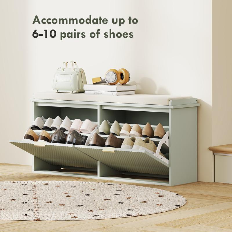 Slim Hallway Shoe Bench with Comfort Padded Linen Seat & 2 Flip-Top Storage Drawers, Heavy Duty Solid Wood Leg Shoe Cabinet Organizer, Anti-Skid Foot Design Narrow Entryway Shoe Storage Bench for Apartment Porch Home