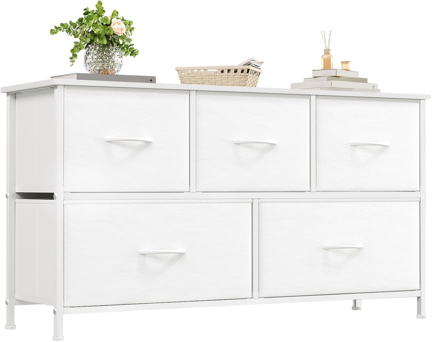 5 Drawers Faux Leather Chest of Drawers Wide Storage Organiser Dresser White Multi-Use Nightstand TV Stand Cabinet for Bedroom Closet Nursery Entryway Hallway 30 x 100 x 55 cm