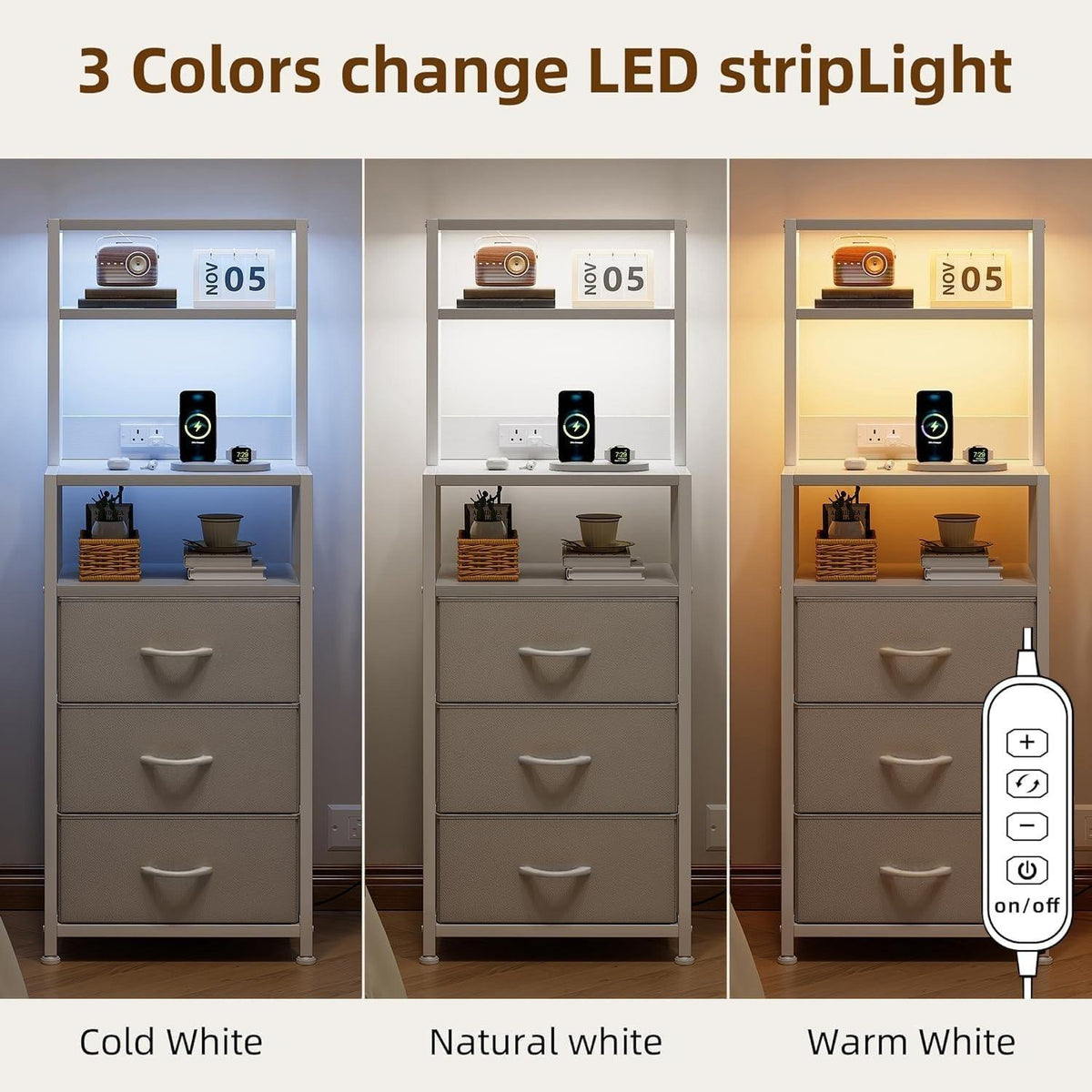 White Tall Nightstand with Charging Station & LED Light, 3 Fabric Drawers Chest for Bedroom, Living Room, Hallway [Plus A Free Gift]