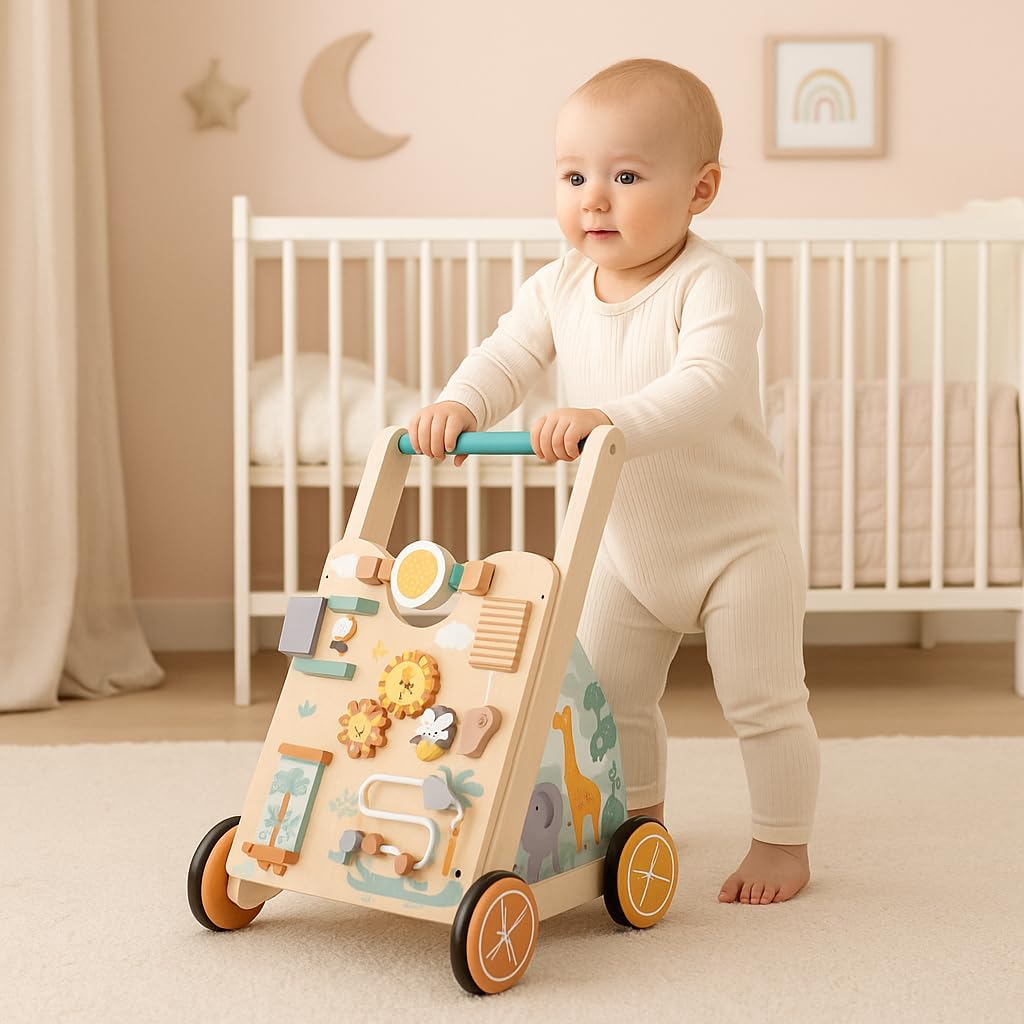 Wooden Baby Push‑Along Activity Walker, Toddler Learning Walker with Multi‑Sensory Early Developmental Toys, Ideal for Boys and Girls, 18 Months+