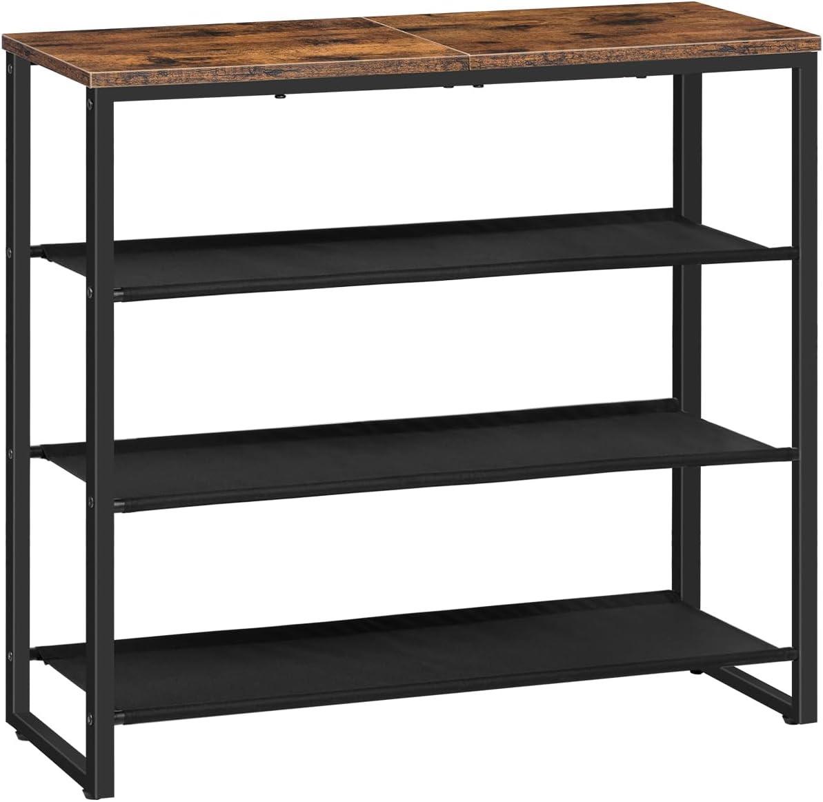 4 Tier Shoe Rack, Rustic Brown Industrial Style - 3 Oxford Fabric Shelves + Top Panel, Holds 12-16 Pairs, Ideal for Closet & Entryway Shoe Storage