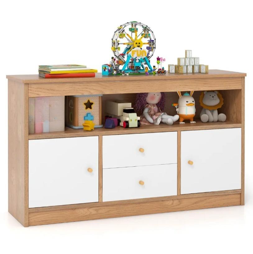 Wooden Kids Toy Storage Organizer, Children’s Bookcase with Open Shelf, 2 Cabinets & 2 Pull‑Out Drawers, Anti‑Tip Toy Books Storage Cabinet for Playroom, Bedroom, Nursery & Daycare`