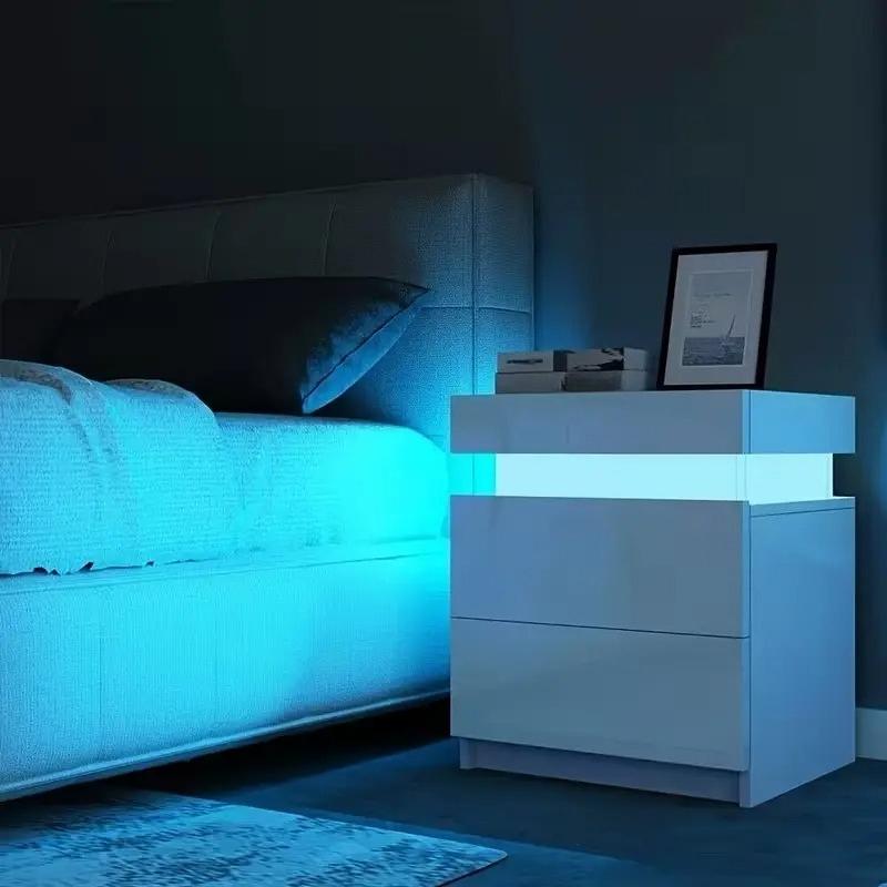 Modern LED Bedside Table with RGB Lights App & Remote Control, Lift‑Top Hidden Storage 2 Drawers High Gloss Nightstand, USB Powered Side Cabinet for Bedroom Living Room, Self‑Assembly
