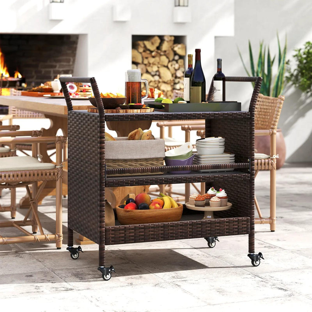 Outdoor Bar Cart, 3‑Tier Patio Rattan Serving Cart with Lockable Universal Wheels, Side Handles & Anti‑Fall Baffles, Versatile Rolling Storage Shelf for Backyard Poolside Porch Party Beverage Dinnerware Organizer