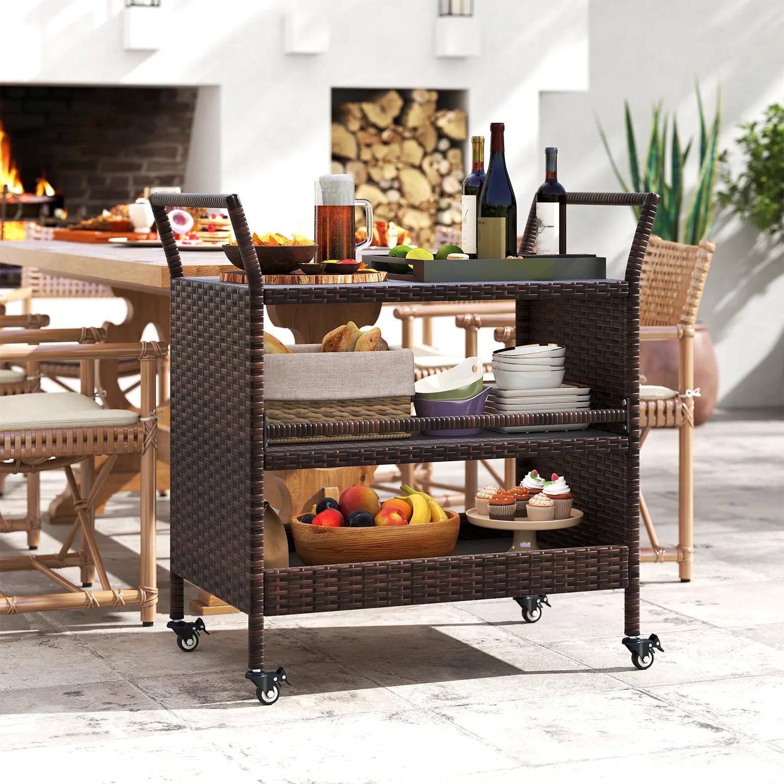 Outdoor Bar Cart, 3‑Tier Patio Rattan Serving Cart with Lockable Universal Wheels, Side Handles & Anti‑Fall Baffles, Versatile Rolling Storage Shelf for Backyard Poolside Porch Party Beverage Dinnerware Organizer