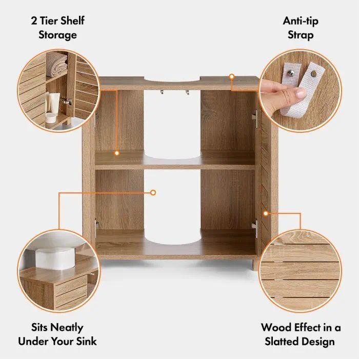 `Freestanding Under‑Sink Bathroom Cabinet, Oak Wood‑Effect Handleless Storage Cupboard with 2 Adjustable Inner Shelves, Multi‑Purpose Below Sink Organizer for Bathroom Vanity`