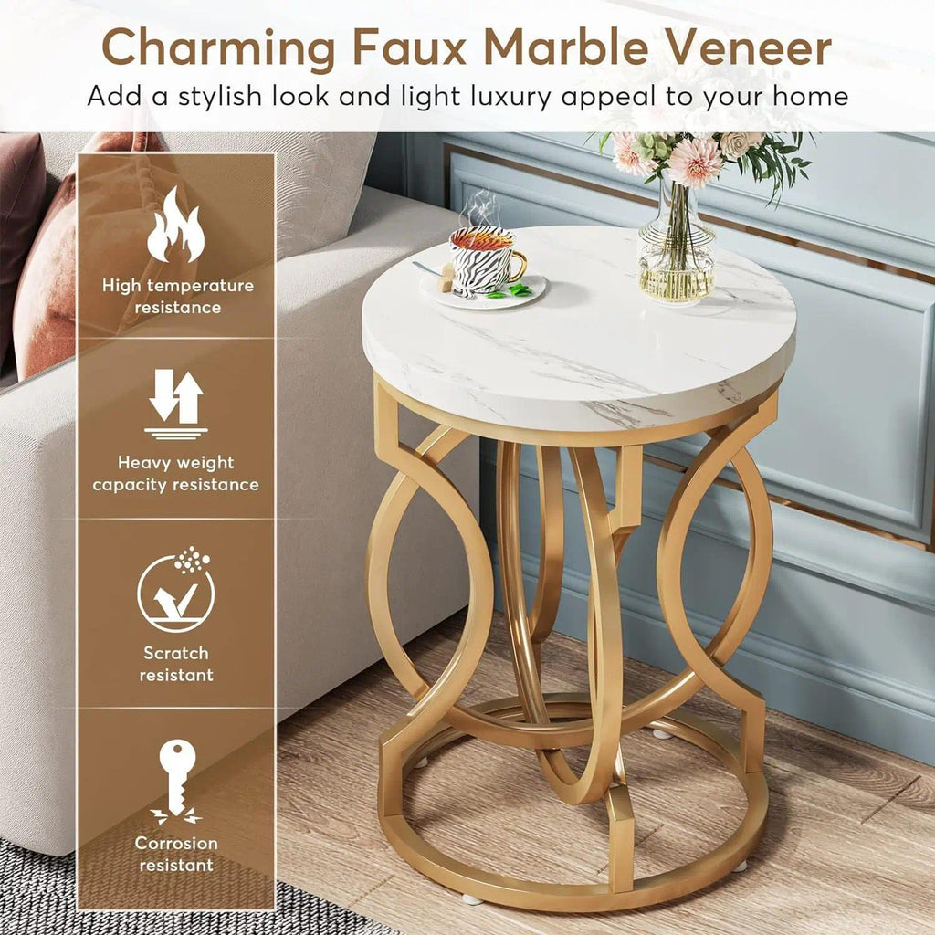 White Gold Round Side Table, Faux Marble Nightstand, Modern Small Accent Table for Living Room, Bedside Nightstand for Bedroom, Compact End Table for Small Spaces [Plus A Free Gift]
