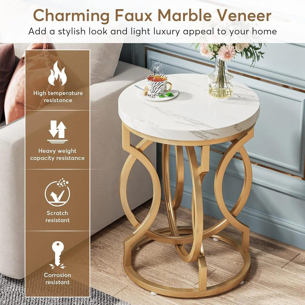 White Gold Round Side Table, Faux Marble Nightstand, Modern Small Accent Table for Living Room, Bedside Nightstand for Bedroom, Compact End Table for Small Spaces [Plus A Free Gift]
