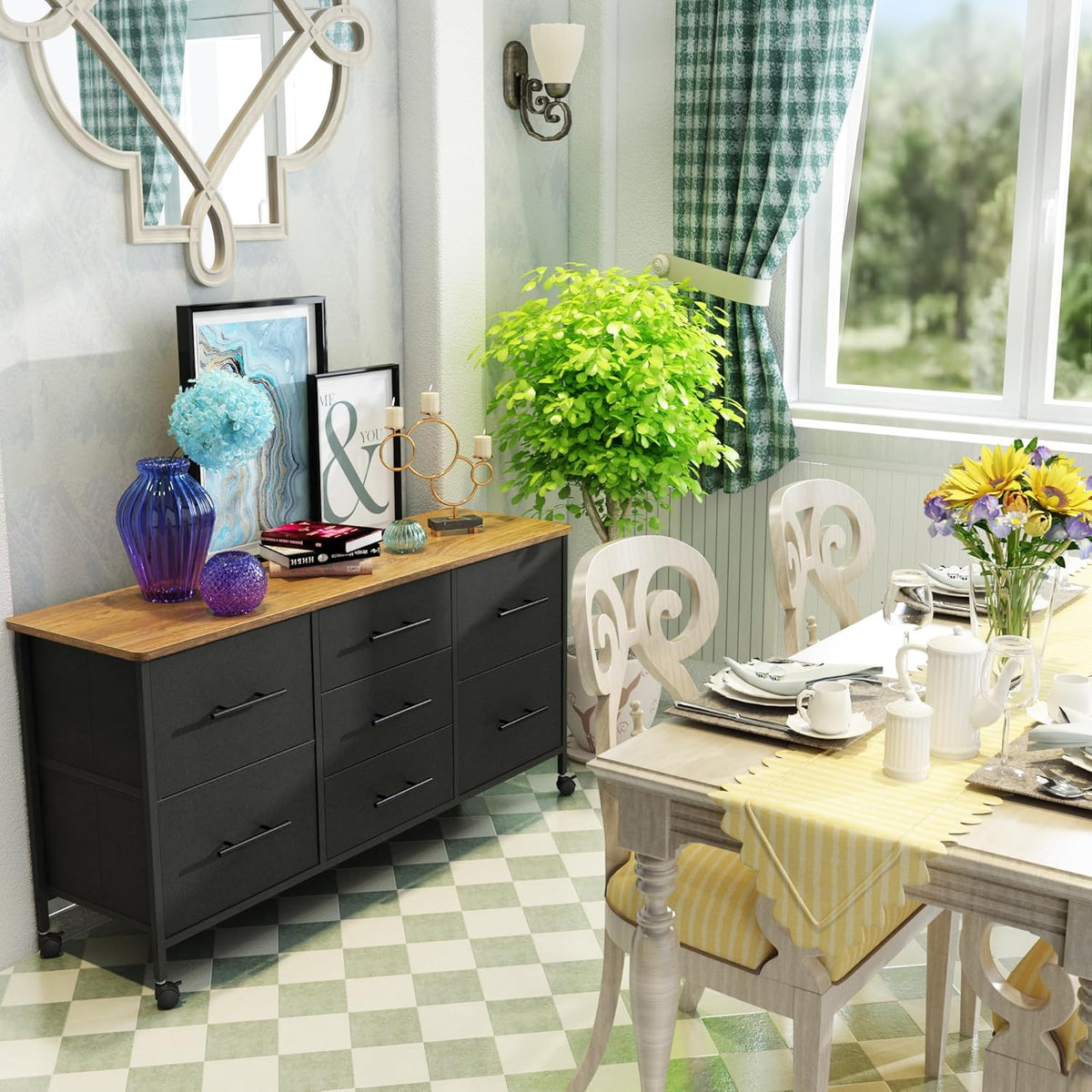 Black 7 Fabric Drawer Chest of Drawers Dresser TV Stand on Castors Metal Frame Wooden Top Storage Organizer Bedroom Living Room