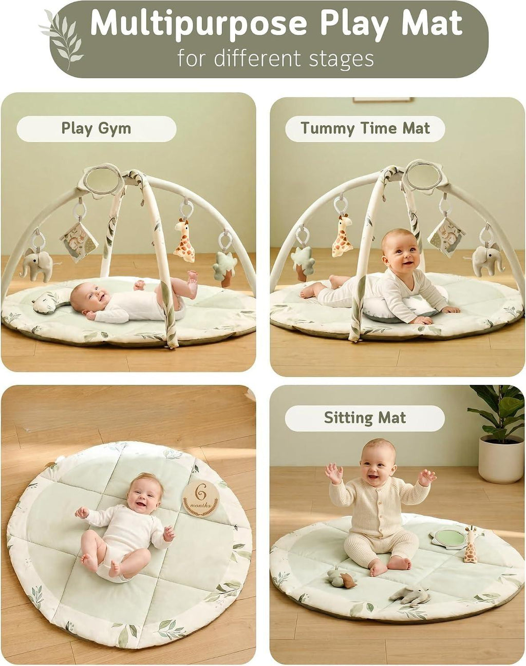 Baby Mat, Tummy Time Activity Play Mat with 5 Detachable Hanging Sensory Toys & Ergonomic Support Pillow, Foldable Machine Washable Infant Play Mat for Newborn Boys Girls 0‑12 Months for Nursery Playroom