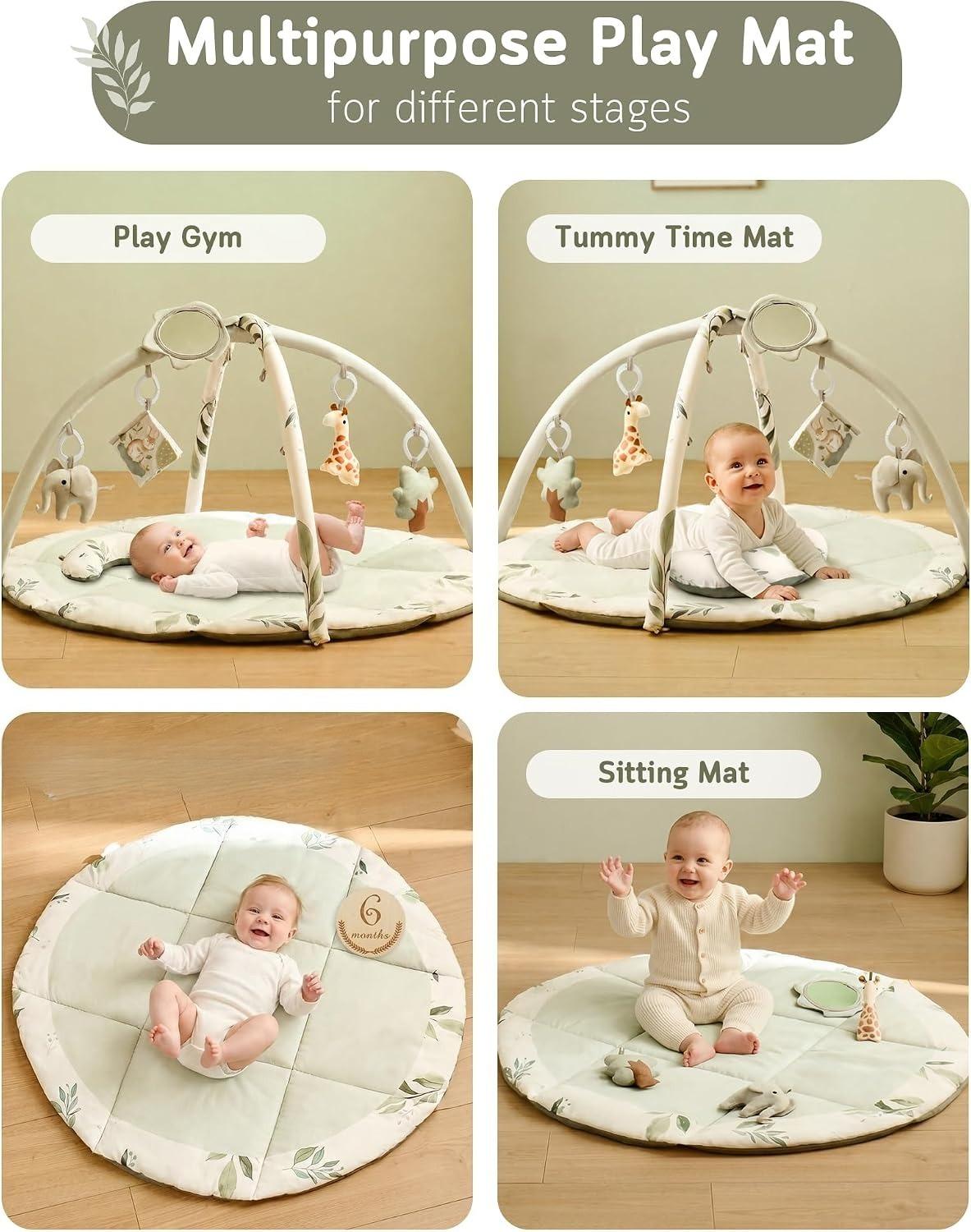 Baby Mat, Tummy Time Activity Play Mat with 5 Detachable Hanging Sensory Toys & Ergonomic Support Pillow, Foldable Machine Washable Infant Play Mat for Newborn Boys Girls 0‑12 Months for Nursery Playroom