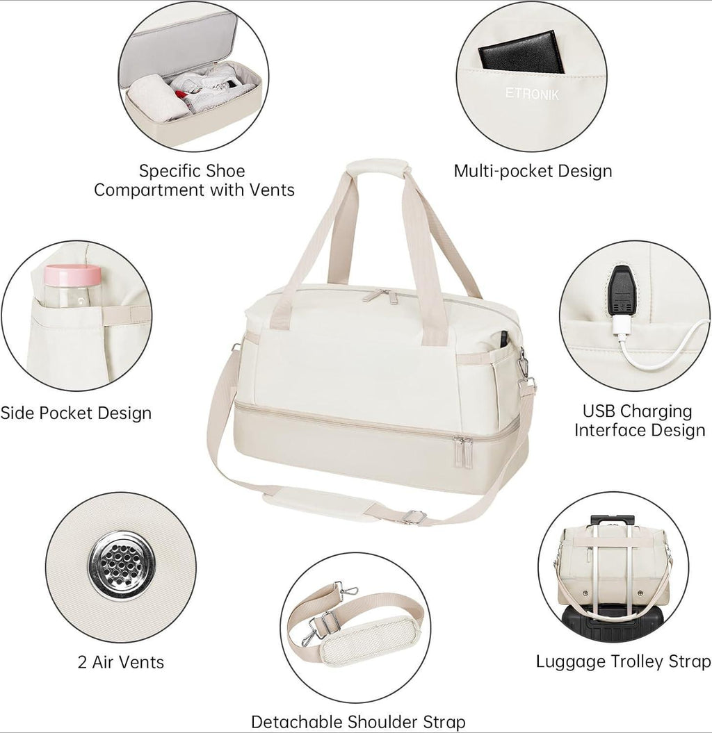 Gym Bag Womens, Travel Duffel Bag, Easyjet Cabin Bag 45x36x20 Underseat, Weekend Bag with Shoes Compartment, Hospital Bag with Wet Pocket & USB Charging Port, Overnight Sports Bag, Beige