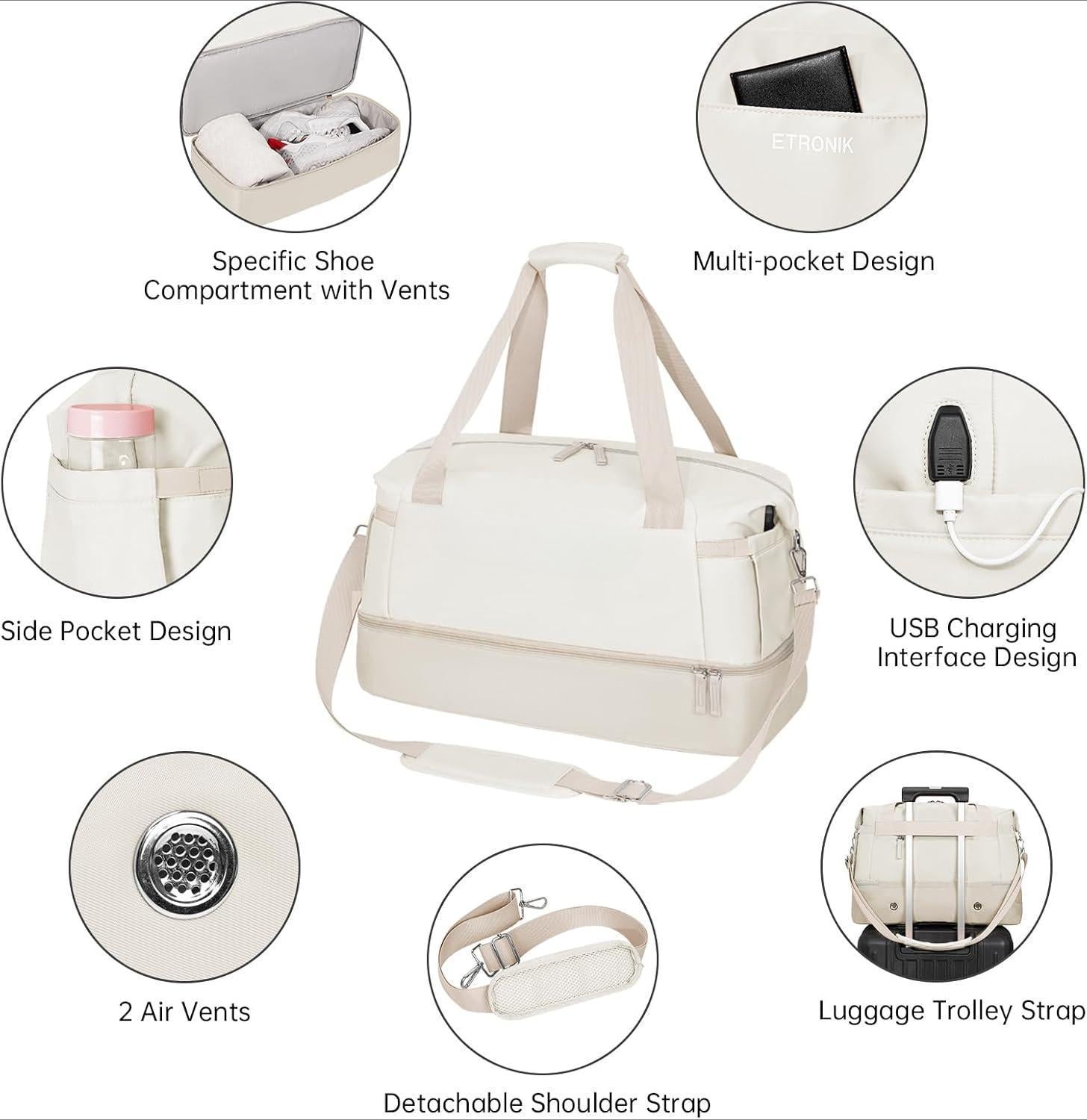 Gym Bag Womens, Travel Duffel Bag, Easyjet Cabin Bag 45x36x20 Underseat, Weekend Bag with Shoes Compartment, Hospital Bag with Wet Pocket & USB Charging Port, Overnight Sports Bag, Beige