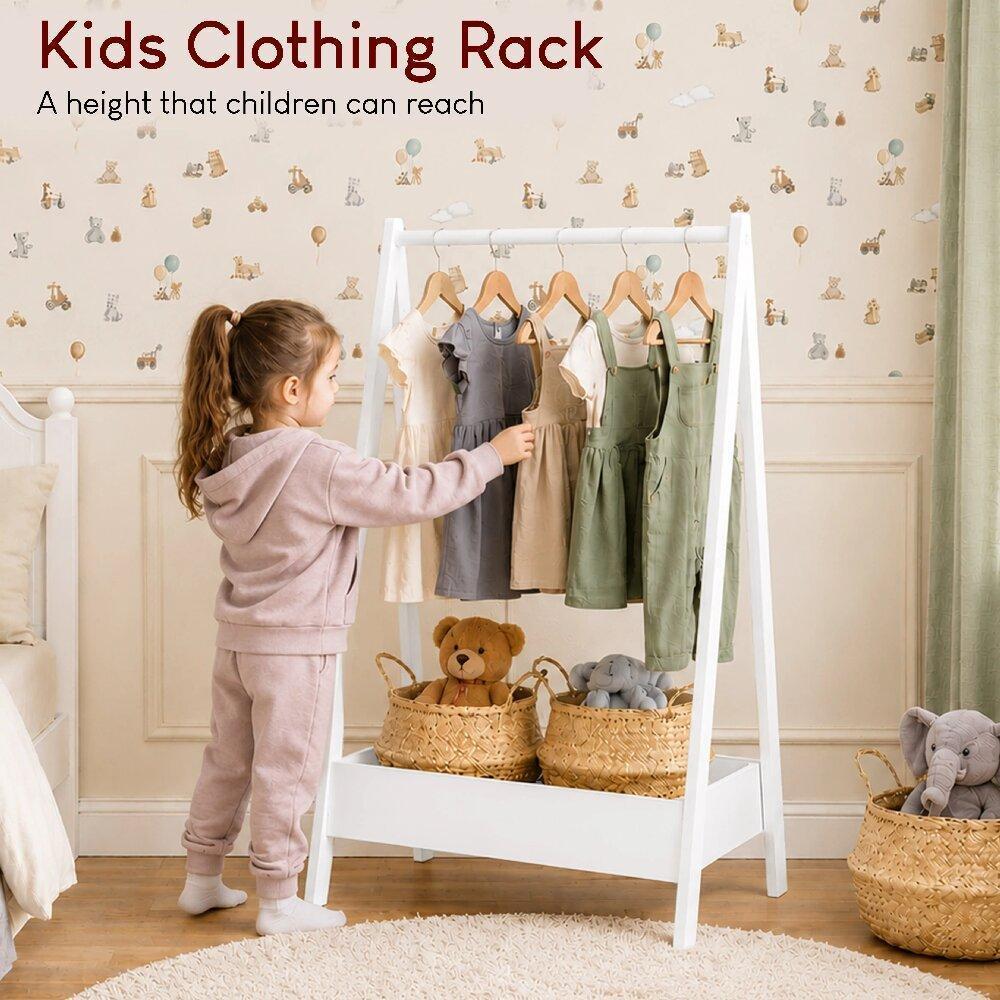 Kids Clothes Rack Solid Pine Wood White – 99H x 64.5W x 42D cm, Space-Saving Hanging Rail with Storage Shelf, Portable Stand for Toys & Shoes, Children’s Bedroom Organiser [Plus A Free Gift]