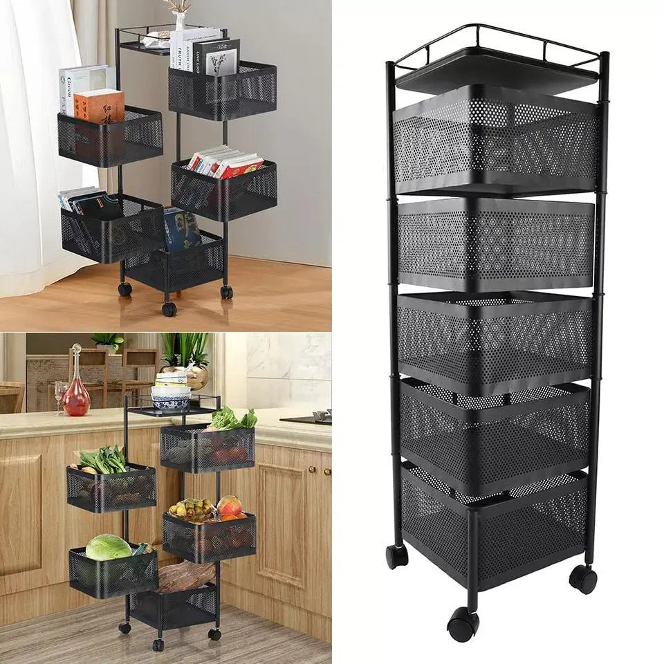 6 Tier Kitchen Rotating Storage Trolley Cart Utility Vegetable Mobile Shelf Rack Organizer ,Rack carts with Drawers moveable Basket Metal organizer