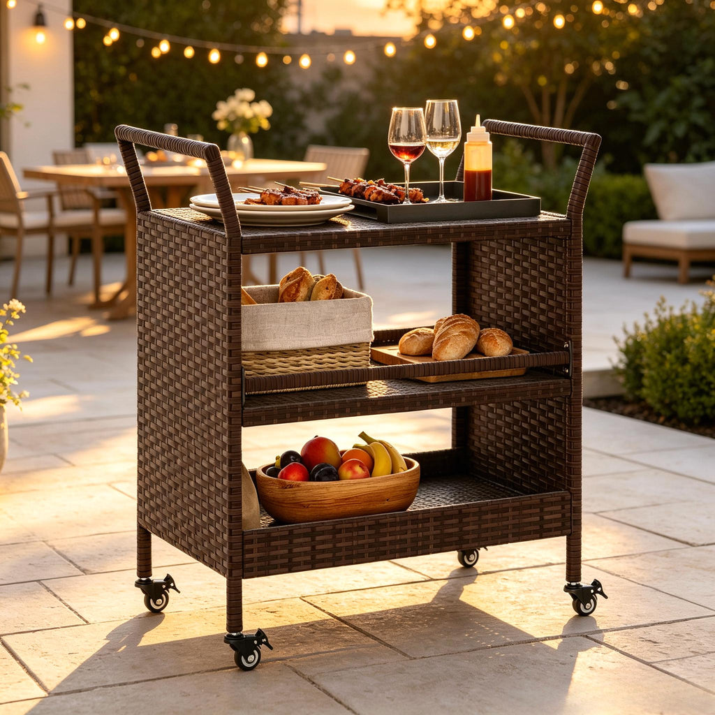 Outdoor Bar Cart, 3‑Tier Patio Rattan Serving Cart with Lockable Universal Wheels, Side Handles & Anti‑Fall Baffles, Versatile Rolling Storage Shelf for Backyard Poolside Porch Party Beverage Dinnerware Organizer