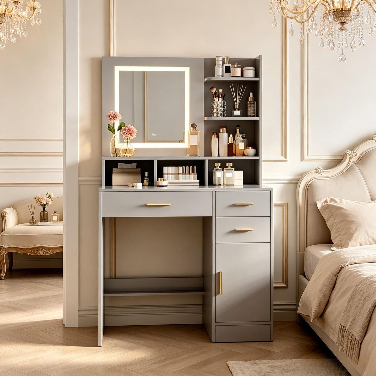 Modern Dressing Table, Vanity Desk with LED Lighted Mirror & Drawers, Touch‑Control 3 Color Modes Brightness Adjustable Makeup Table, Large Open Storage Shelves Cabinet, Cosmetic Vanity Desk for Bedroom