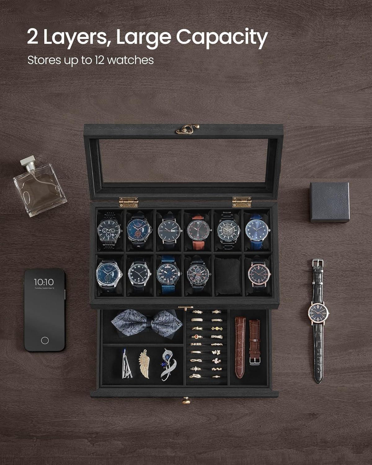 12-Slot Ink Black Wooden Watch Box with Glass Lid - 2-Tier Luxury Case for Men & Women | Velvet Lining & Watch Pillows, Stylish Jewellery Storage | Ideal Gift + FREE Gift Included | Organize Watches in Elegant Fashion