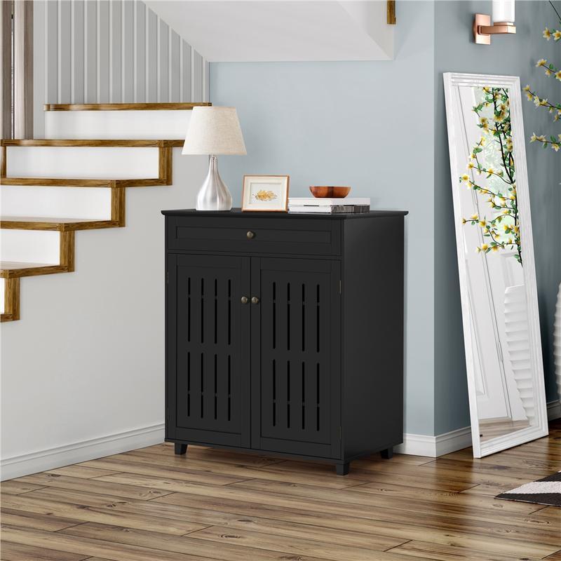 Freestanding Wooden Shoe Storage Cabinet, 4‑Tier Shoe Organiser with Drawer & Doors, Adjustable Shelves, Anti‑Tipping Design, Holds 15‑18 Pairs Shoes for Entryway Hallway Bedroom