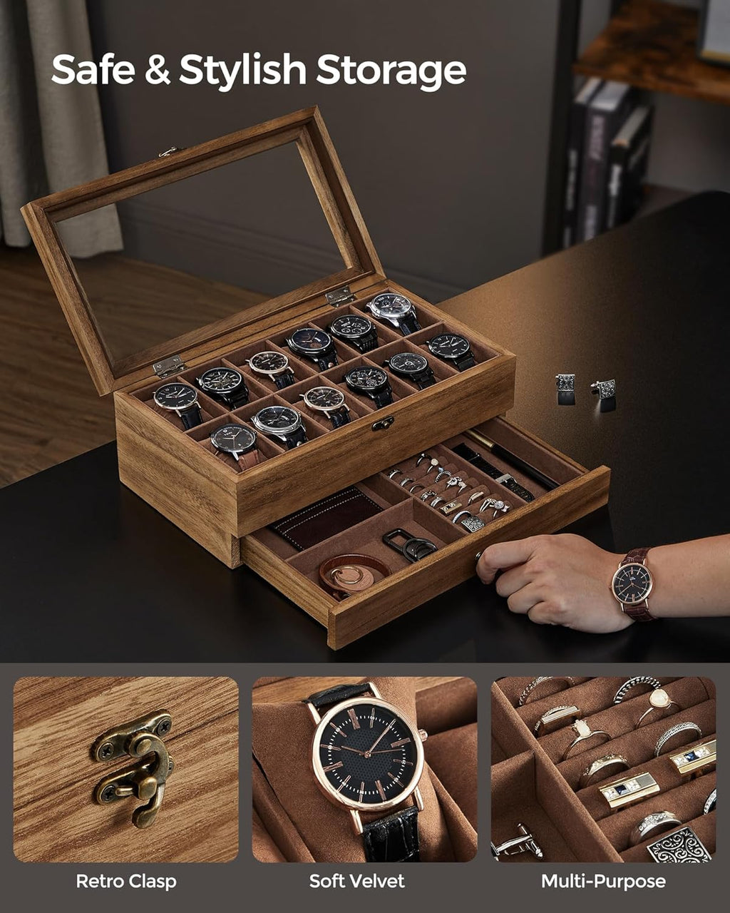 12-Slot Ink Black Wooden Watch Box with Glass Lid - 2-Tier Luxury Case for Men & Women | Velvet Lining & Watch Pillows, Stylish Jewellery Storage | Ideal Gift + FREE Gift Included | Organize Watches in Elegant Fashion