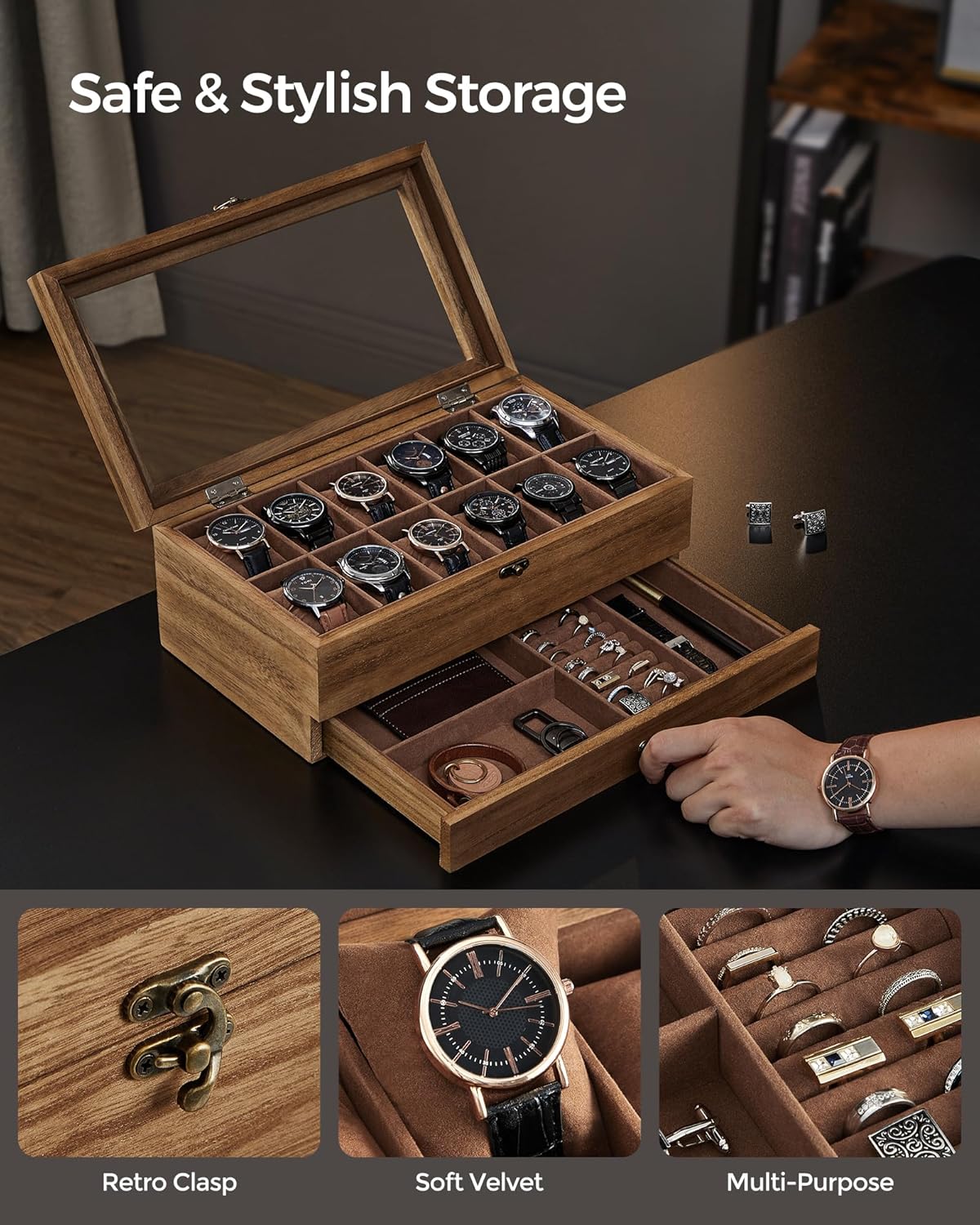 12-Slot Ink Black Wooden Watch Box with Glass Lid - 2-Tier Luxury Case for Men & Women | Velvet Lining & Watch Pillows, Stylish Jewellery Storage | Ideal Gift + FREE Gift Included | Organize Watches in Elegant Fashion