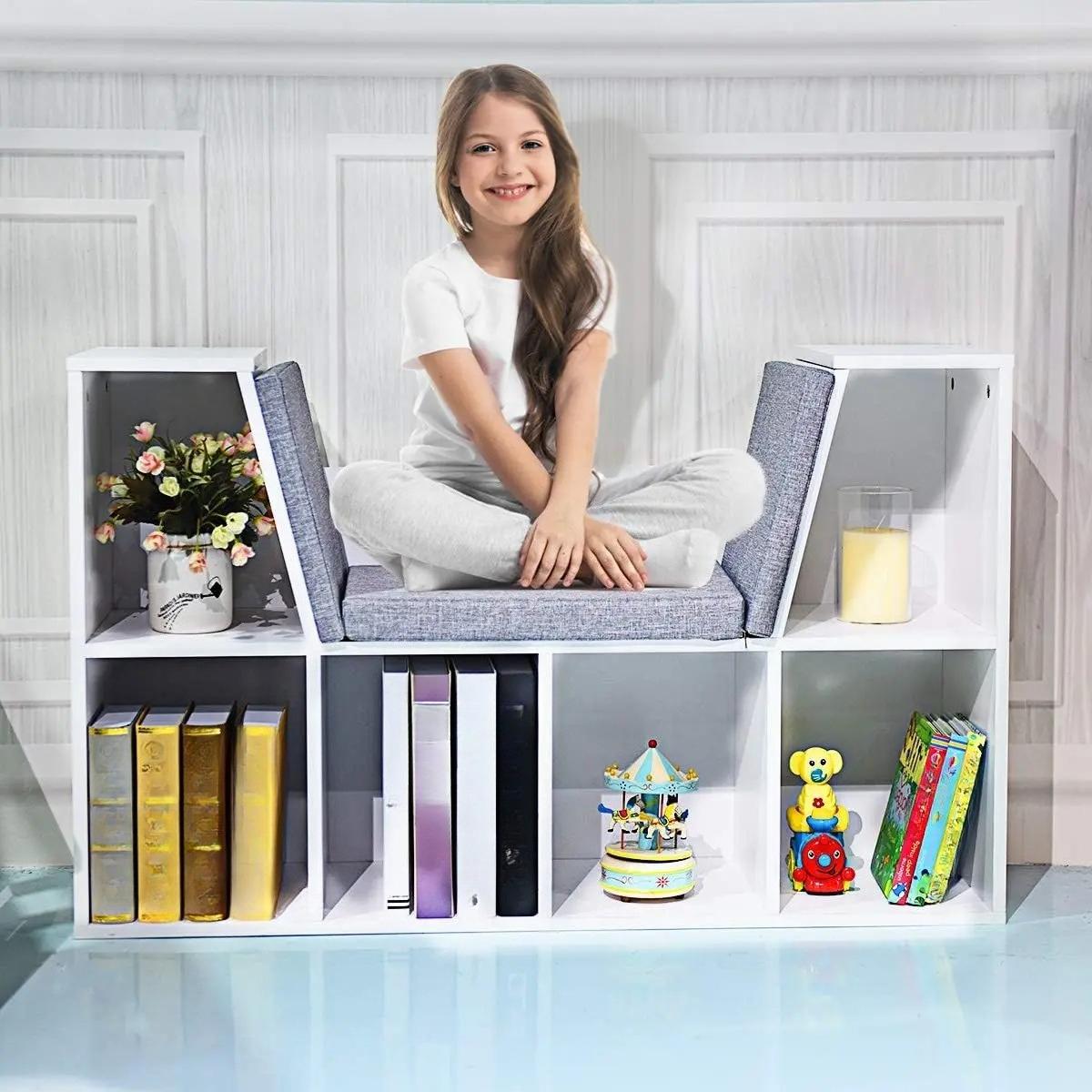 6‑Cube Kids Bookcase, Multi‑Functional Wooden Storage Organizer with Cushioned Reading Nook, Open Display Shelf Cabinet for Children Bedroom Playroom