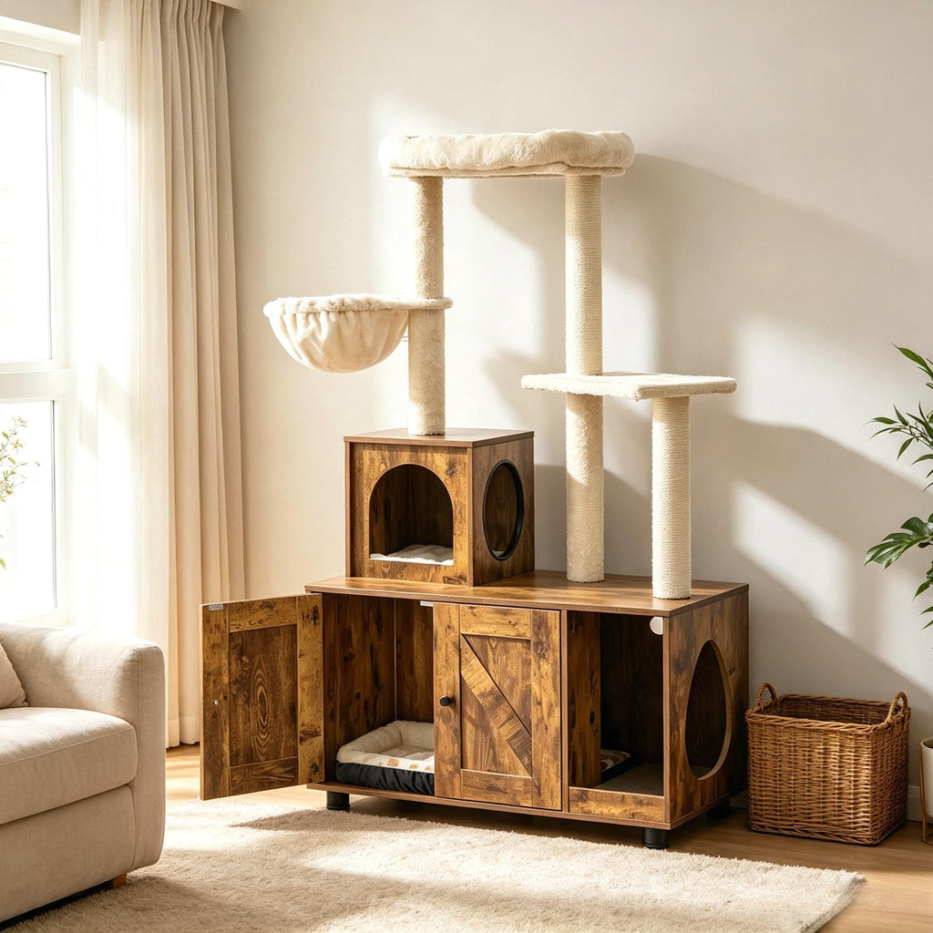 Cat Tree Tower with Hidden Litter Box Enclosure, All‑in‑One Wooden Cat Furniture for Indoor Large Cats, Kitty Washroom Cabinet with Condo, Hammock, Sisal Scratching Posts, Top Perch Platform, Multi‑Level Pet Kitten House