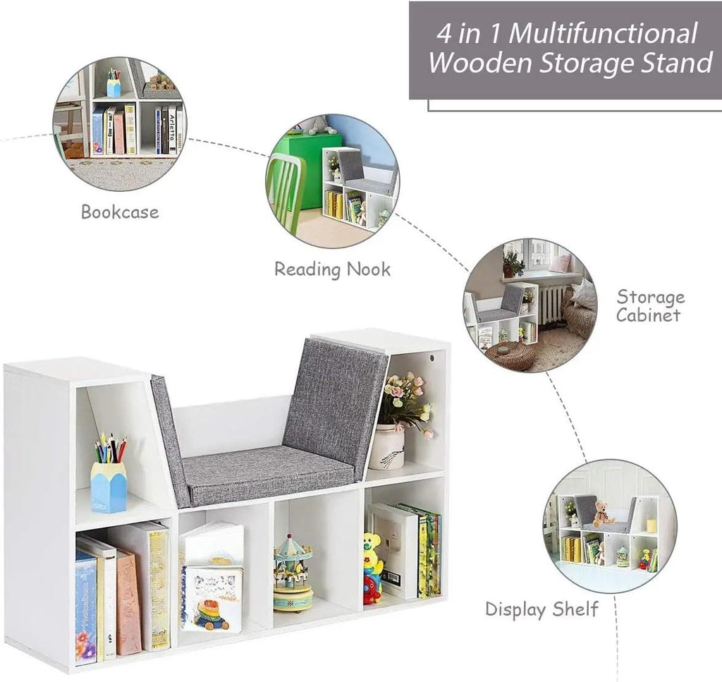 6‑Cube Kids Bookcase, Multi‑Functional Wooden Storage Organizer with Cushioned Reading Nook, Open Display Shelf Cabinet for Children Bedroom Playroom