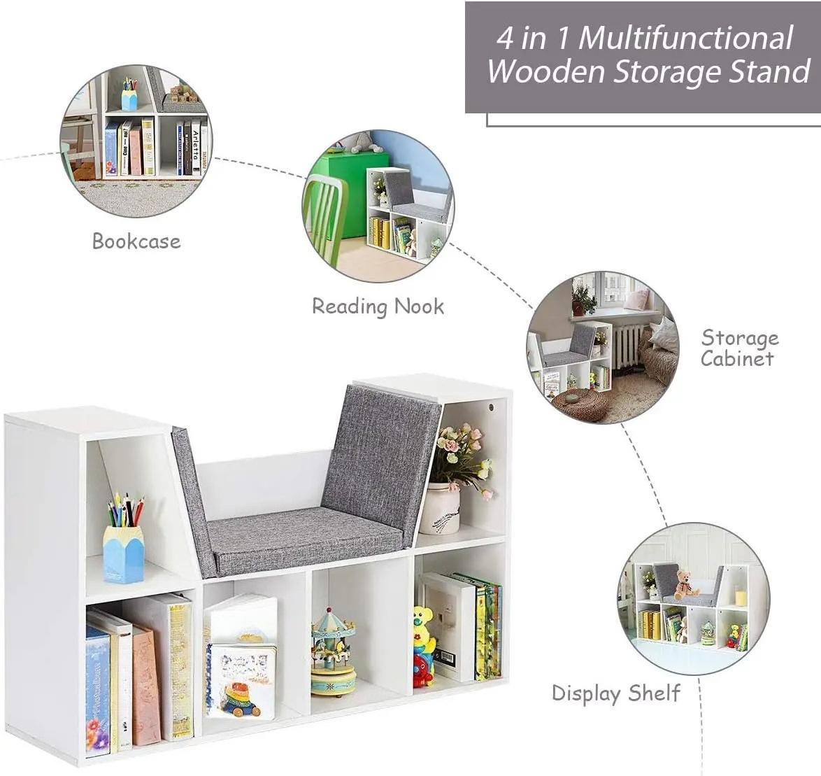 6‑Cube Kids Bookcase, Multi‑Functional Wooden Storage Organizer with Cushioned Reading Nook, Open Display Shelf Cabinet for Children Bedroom Playroom
