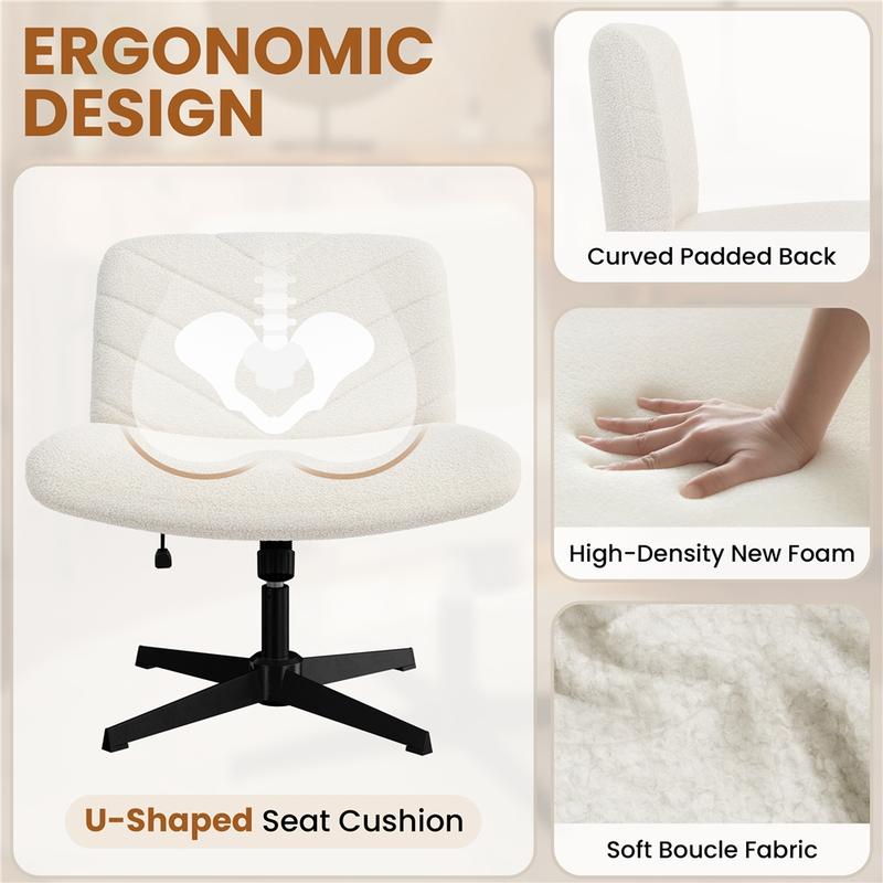 Armless Wide Seat Swivel Desk Chair, Adjustable Height Criss Cross Office Chair, Mid-Back Comfortable Vanity Task Chair for Home Office, Study, Work & Makeup