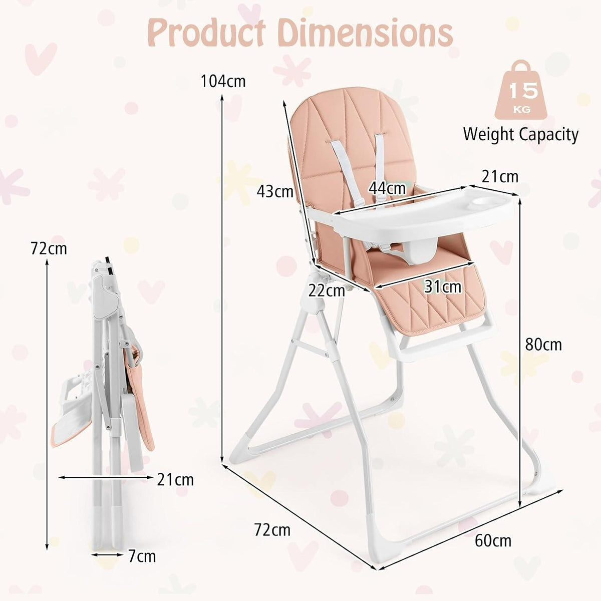 Foldable Baby High Chair, Compact Lightweight Toddler Feeding Highchair with 3‑Position Adjustable Tray & Footrest, Removable Seat Cushion, 5‑Point Safety Harness for 6‑36 Months