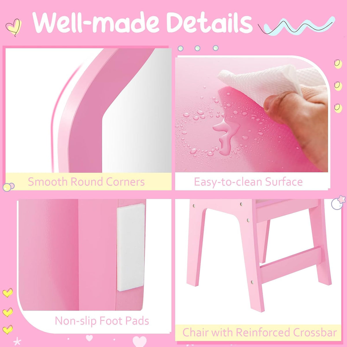 `2‑in‑1 Kids Vanity Table Set, Princess Dressing Desk with Removable Tri‑Fold Mirror, 4 Fabric Storage Bins & Matching Chair, Wooden Pretend Makeup Dresser for Girls for Bedroom Playroom Age 3+`