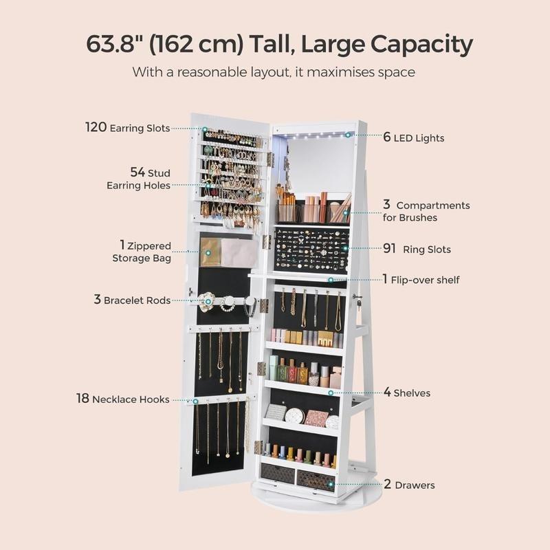 LED Full-Length Mirror Jewelry Cabinet, 360° Rotating Storage, Lockable Display Cabinet, Frameless Floor Standing Mirror, Rotatable Organizer with Shelves [Plus A Free Gift]