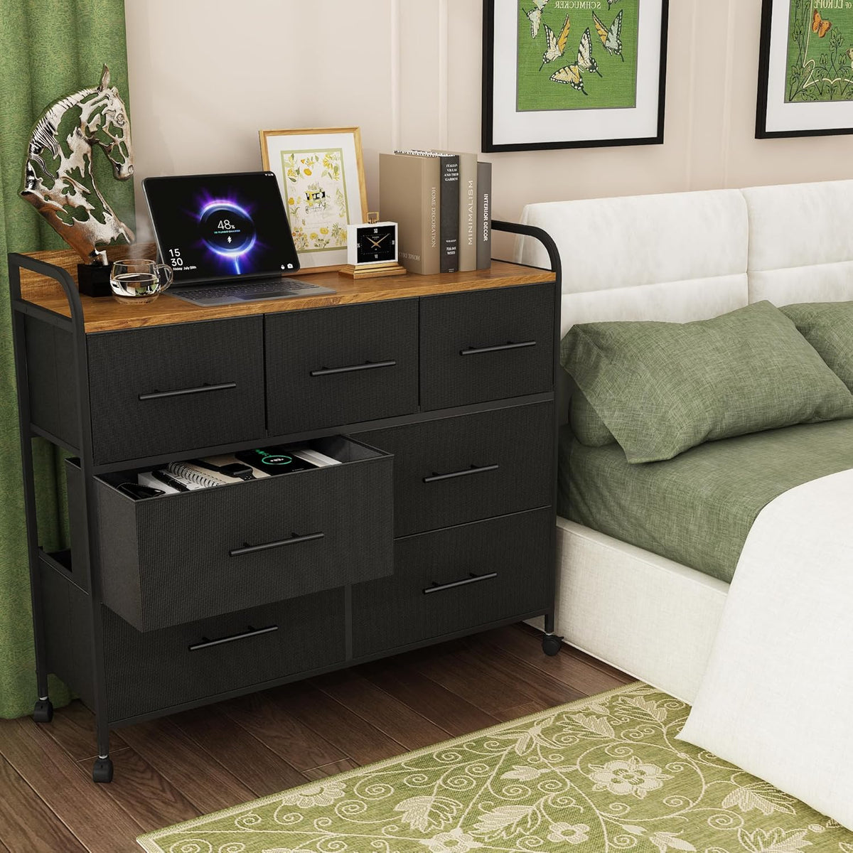 【NS】Bedroom Chest of Drawers, 7 Fabric Drawers, Clothing Storage Cabinet with 4 Castors, Wood Top and Metal Frame, for Living Room