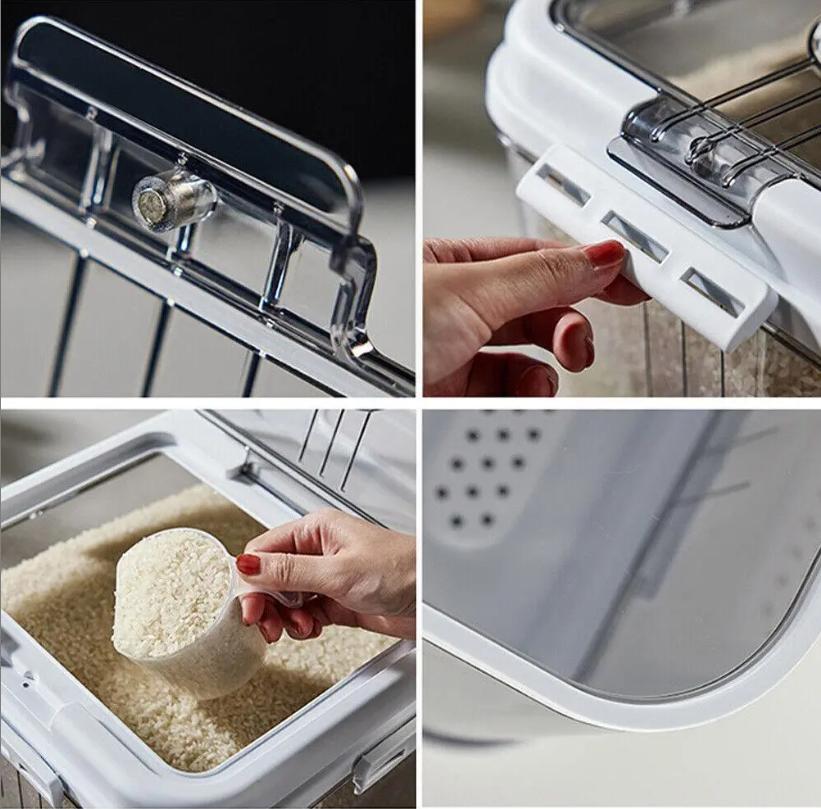 7.5KG/15KG Airtight Rice Storage Container, BPA-Free Transparent Grain Bucket with Airtight Lid & Measuring Scoop, Large Sealed Dry Food Dispenser Bin for Flour Rice Nuts, Kitchen Clear Plastic Grain Storage Organizer