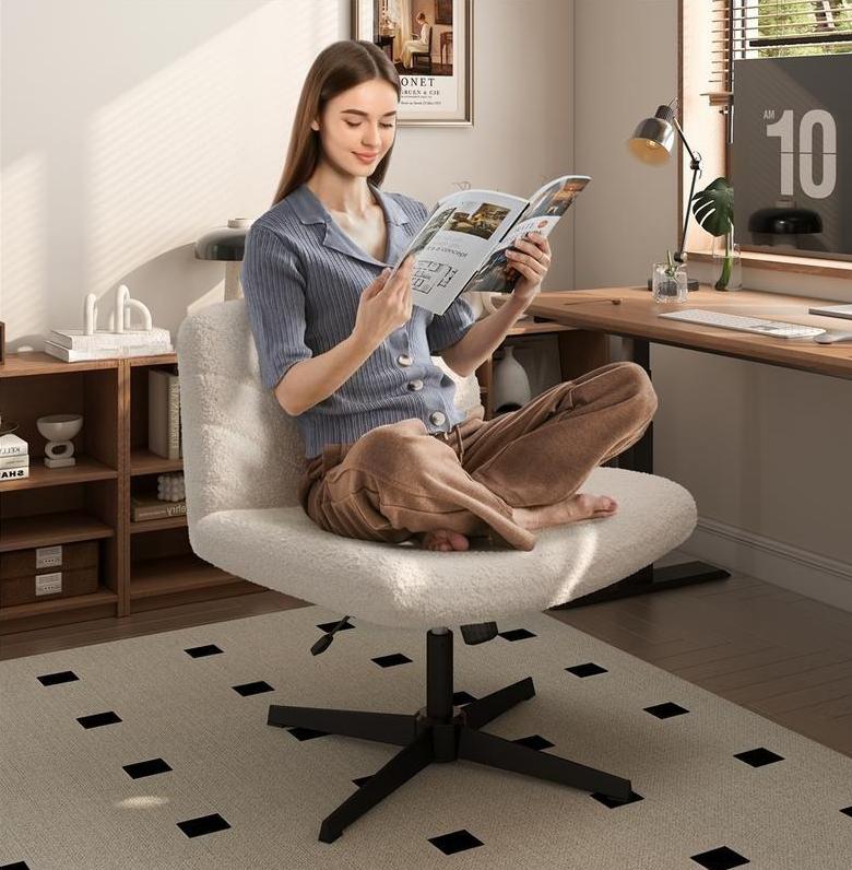 Armless Wide‑Seat Swivel Desk Chair, Adjustable Height X‑Base Mid‑Back Task Chair, Comfy Vanity Chair for Home Office, Study & Makeup