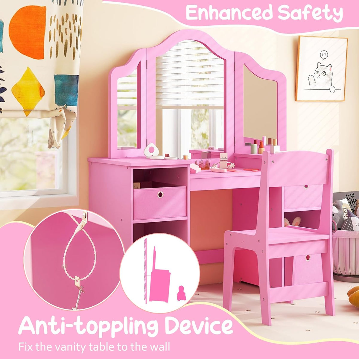 `2‑in‑1 Kids Vanity Table Set, Princess Dressing Desk with Removable Tri‑Fold Mirror, 4 Fabric Storage Bins & Matching Chair, Wooden Pretend Makeup Dresser for Girls for Bedroom Playroom Age 3+`