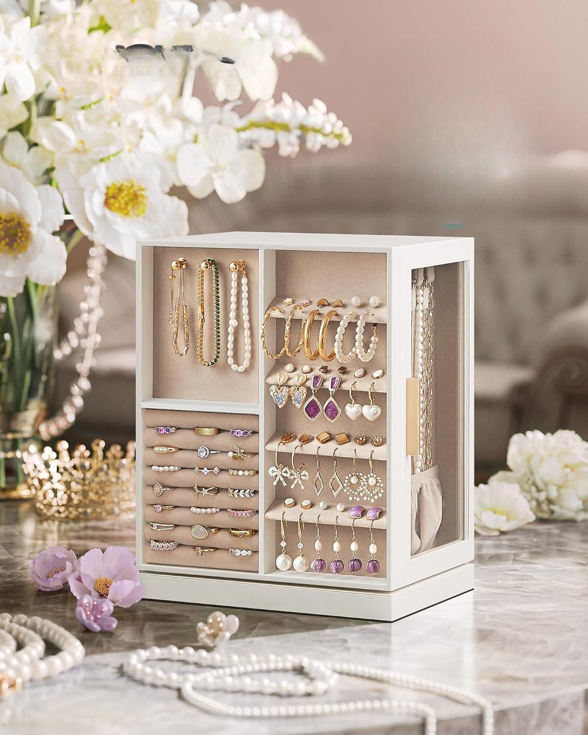 Luxury Cloud 360° Rotating Jewellery Box Organiser, Vertical Large Capacity Jewellery Display Case with 5 Drawers Transparent Window, Open Design Spacious Jewelry Storage Box, Elegant Gift for Women Girls Dresser Desktop Decor
