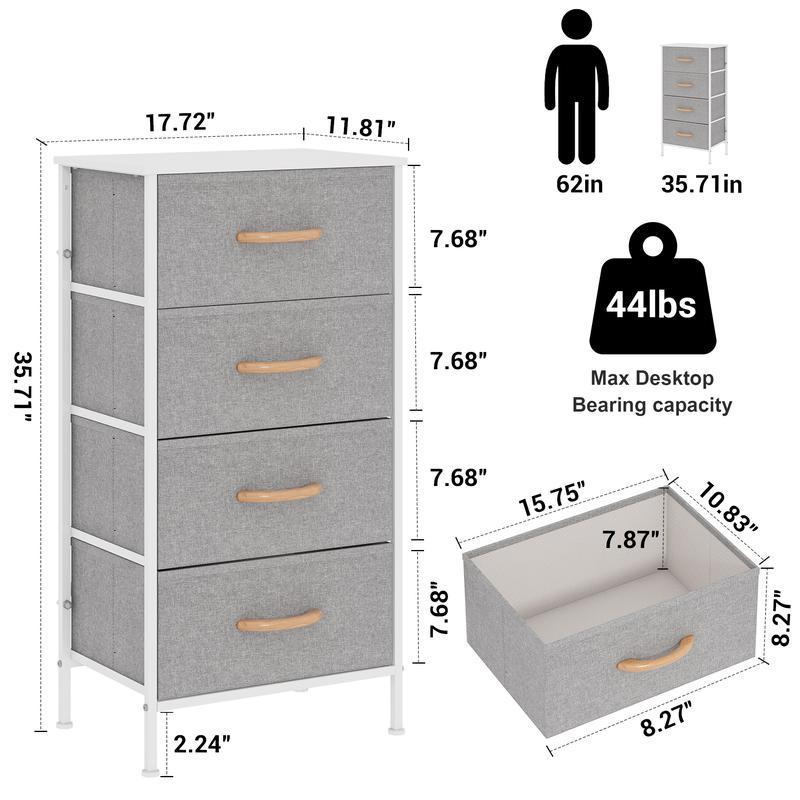 4-Drawer Dresser, Tall Fabric Storage Tower with Sturdy Metal Frame & Wooden Top, Modern Chest of Drawers Organizer Unit for Bedroom, Living Room, Closet, Hallway - Light