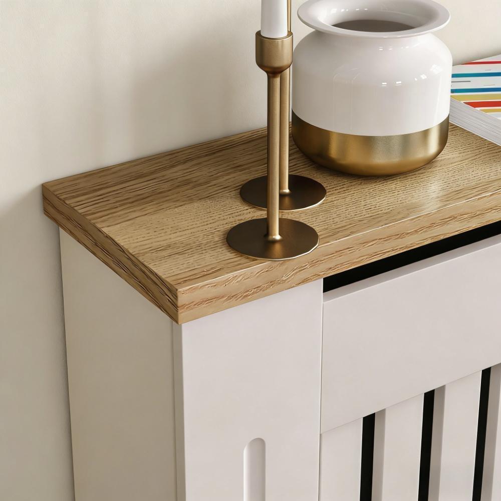 White MDF Radiator Cover with Wood Shelf - White -  Modern Swing-style Vertical Grille Design for Optimal Heat Circulation - Painted MDF Cabinet with Wooden Upper Shelf