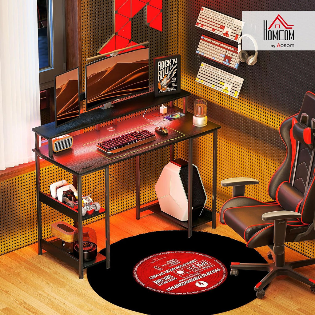 【NS】Computer Desk with Power Outlets and LED Lights, 120 x 50cm Reversible Home Office Desk with Monitor Stand and 2-Tier Storage Shelves, PC Table with Cable Management, Black