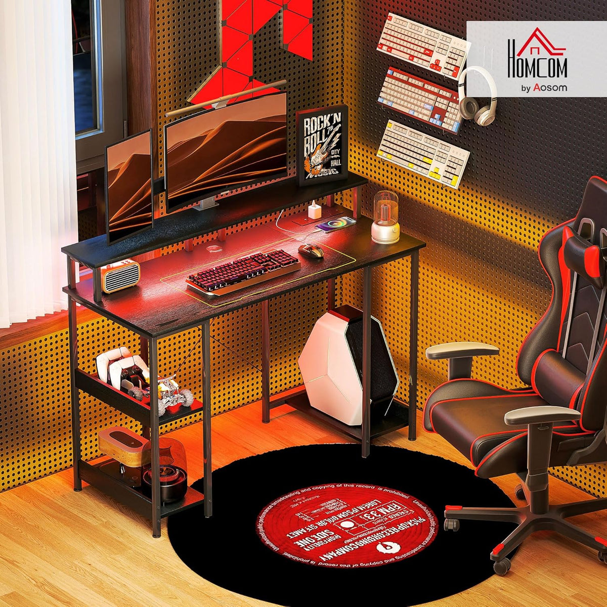 【NS】Computer Desk with Power Outlets and LED Lights, 120 x 50cm Reversible Home Office Desk with Monitor Stand and 2-Tier Storage Shelves, PC Table with Cable Management, Black