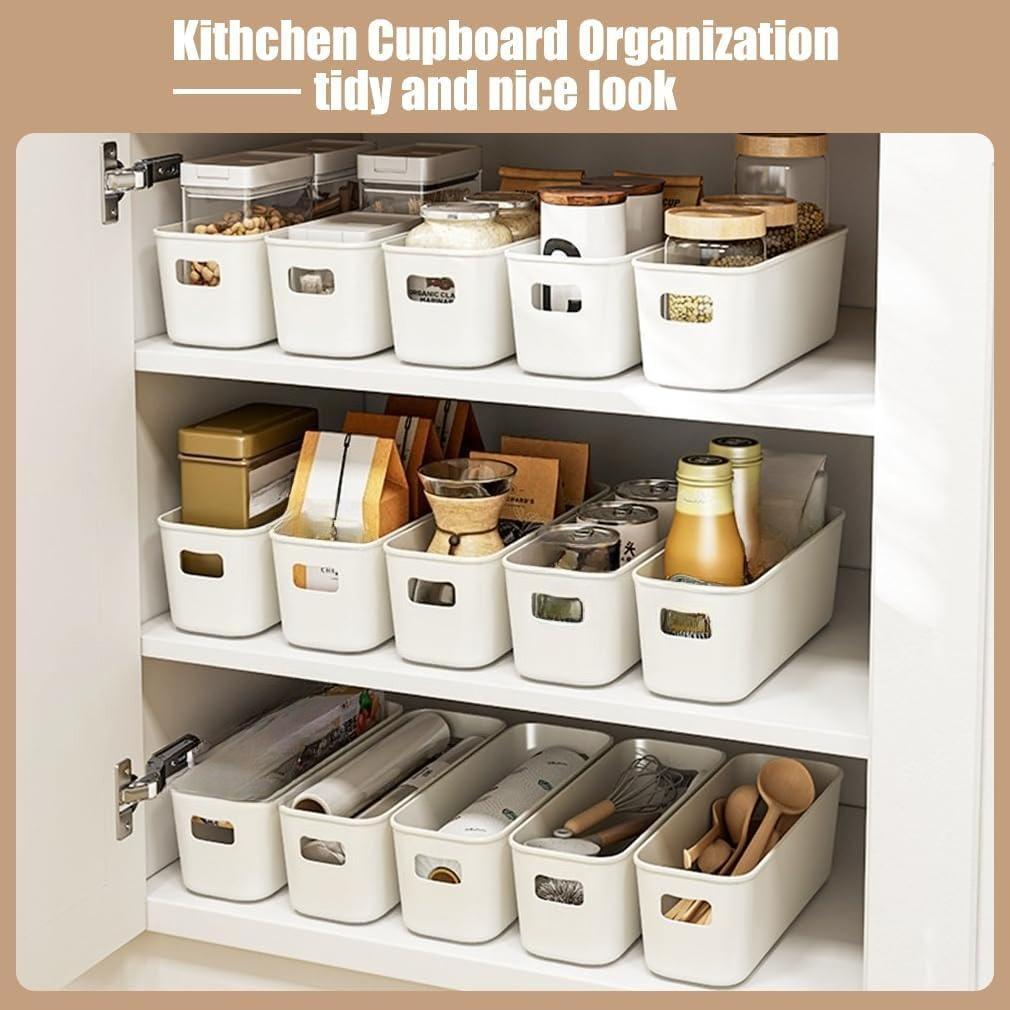 8 pack Narrow Storage Box, Plastic Storage Baskets for Shelves, Slim Kitchen Cupboard Organiser Storage Boxes for Bathroom Cabinet, Drawers, Desktop Organisation, 10 cm Wide Rectangle,White