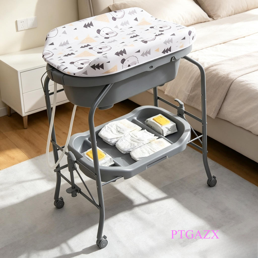 `4‑in‑1 Folding Baby Changing Table, Portable Infant Nursery Station with Built‑in Bath Tub, 4 Universal Rolling Wheels, PVC Changing Pad & Storage Tray, Newborn Massage Diaper Organizer Table`