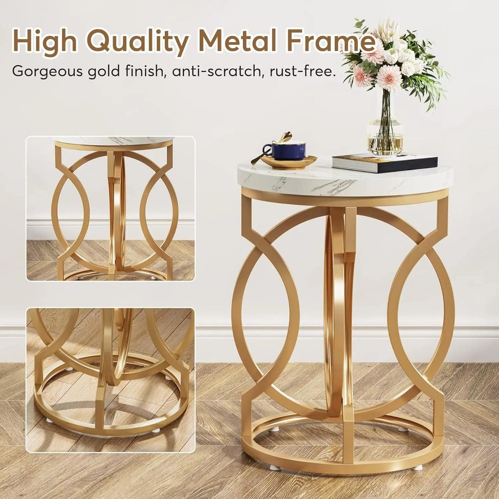 White Gold Round Side Table, Faux Marble Nightstand, Modern Small Accent Table for Living Room, Bedside Nightstand for Bedroom, Compact End Table for Small Spaces [Plus A Free Gift]