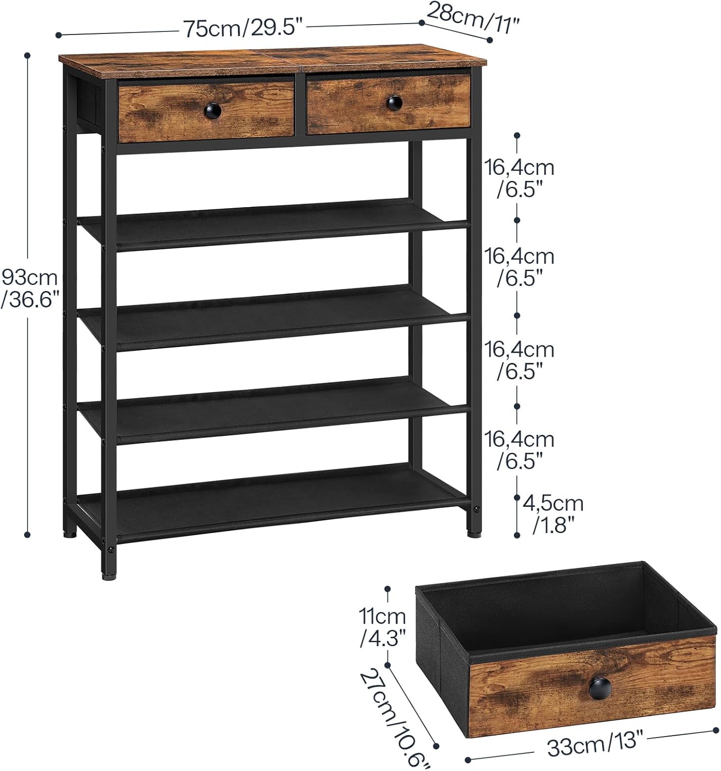 Shoe Rack,  Shoe Storage Organizer with 2 Non-Woven Drawers, 12-15 Pairs of for Entryway, Shelf with 3 Oxford Fabric Shelves and Wooden Top, Closet, Rustic Brown