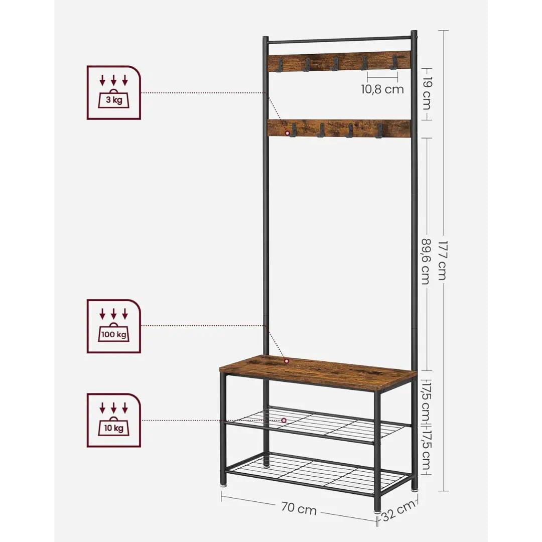 Industrial Style Hall Tree Coat Rack, Entryway Clothes Stand with Bench, Shoe Shelves & 9 Hooks, Metal Frame Shoe Bench Organizer for Hallway Cloakroom Home Storage