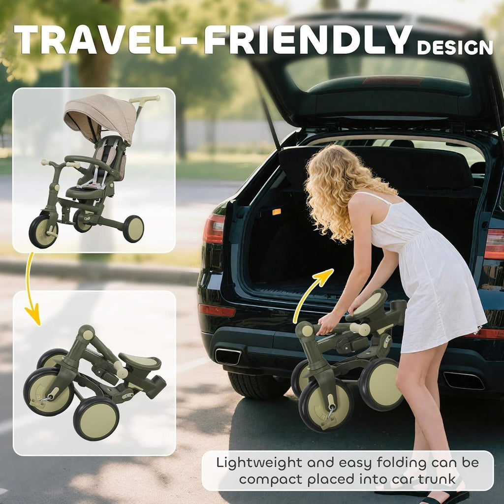 5‑in‑1 Grow‑With‑Kid Foldable Toddler Tricycle Stroller, Convertible Kids Ride‑On Trike with 5‑Point Safety Harness, Adjustable Push Handle & UV Protection Canopy, Compact Outdoor Toy for Family Outings, Ages 1‑3 Years Old