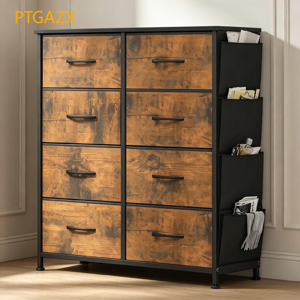 8 Drawers Metal Frame Dresser - Fabric Storage Chest for Bedroom with Handles, Wood Grain Finish for Living Room and Hallway [Plus A Free Gift]